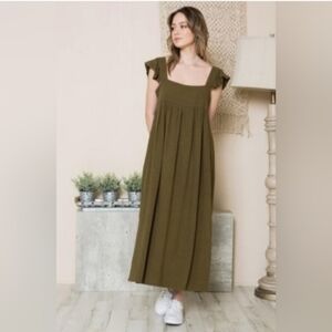 Long olive dress, women's dress size S, M ,L. Fashion dress with pockets. NWT